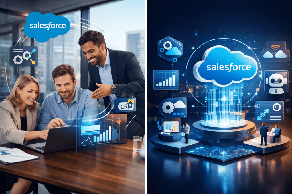 Salesforce cloud consulting architecture including Sales Cloud, Service Cloud, Marketing Cloud and enterprise integrations
