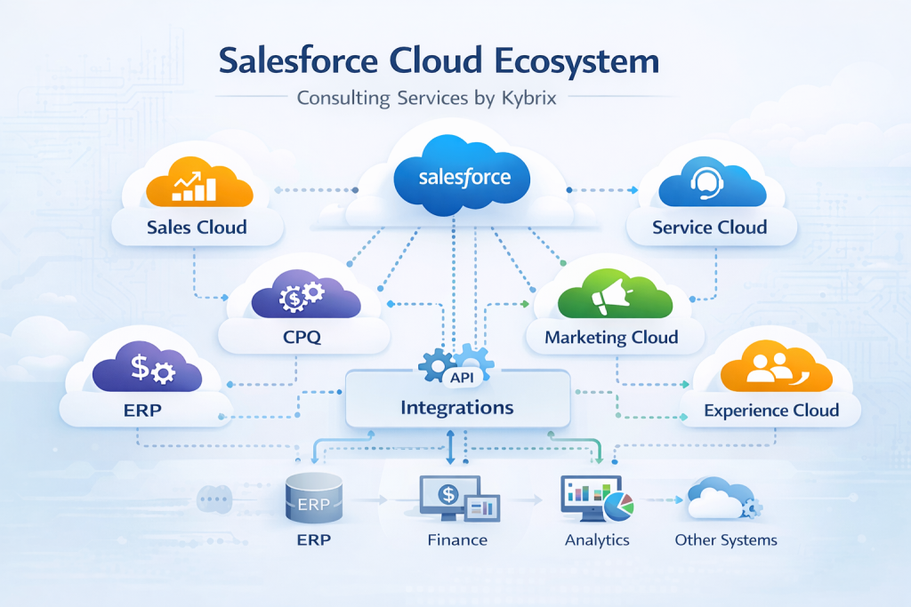 Salesforce consulting services architecture showing multi-cloud CRM and system integrations
