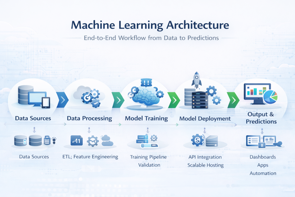 Machine learning architecture including data pipeline, model training and deployment