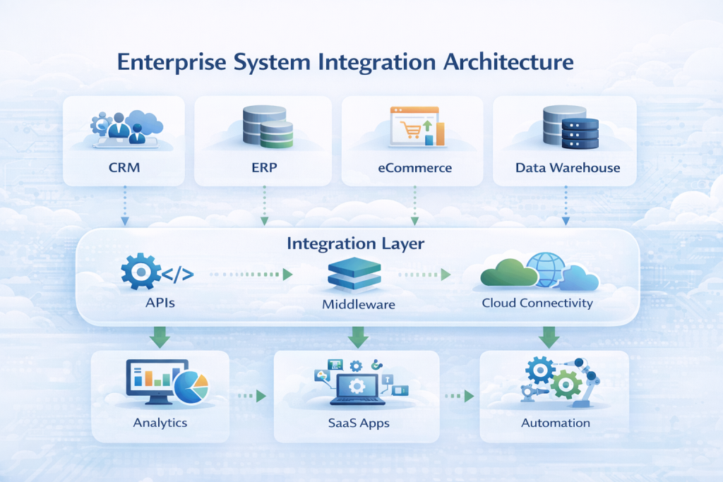 Enterprise system integration architecture connecting CRM, ERP and cloud applications