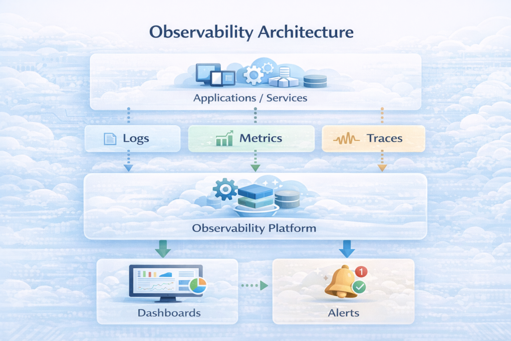 Observability architecture showing logs, metrics and traces flowing into monitoring dashboards